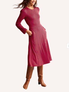 Boden Camille A-Line Jersey Midi Dress Red Navy Geometric Print Pockets Sz 8P